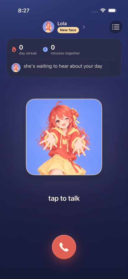 Lola app home screen with her portrait, streak, minutes together and a big call button